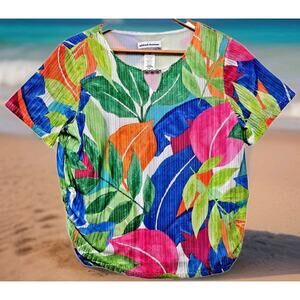 Alfred Dunner Women's Top Parrot Cay Tropical Floral Blouse Size PM Jeweled Neck